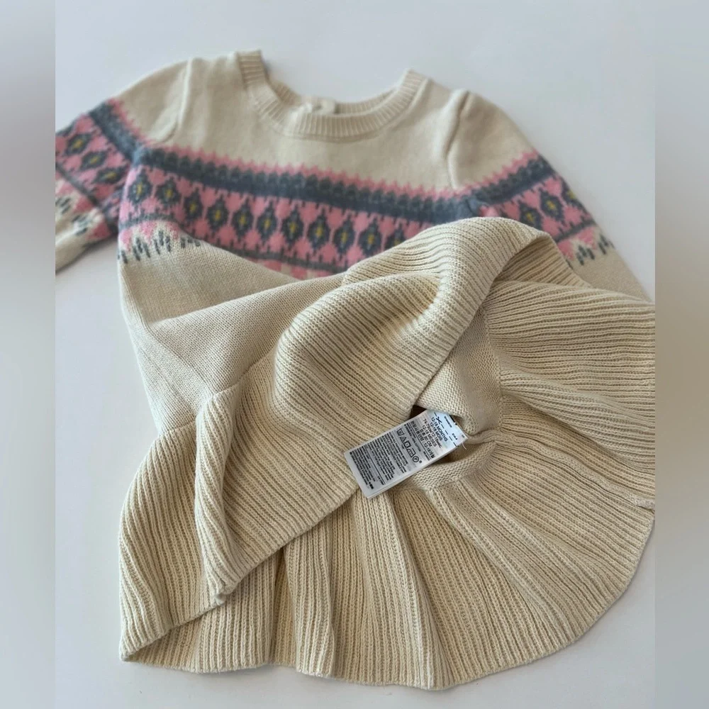 Baby GAP Fair Isle Knitted Sweater Dress Cream & Pink Patterned Size 12-18 Month